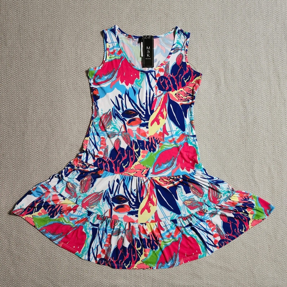 MSK Petite Floral Sleeveless Tiered Flounce Dress Pink Blue PS 140927O NEW